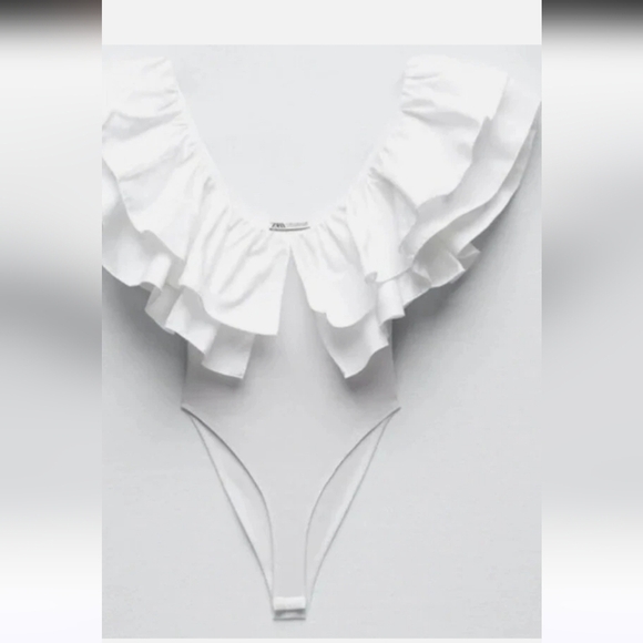 ZARA Deep V Neck Statement Ruffle Neckline One Piece Suit/bodysuit. White.SM - Picture 4 of 16